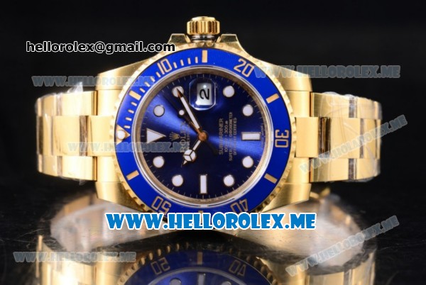 Rolex Submariner Clone Rolex 3135 Automatic Yellow Gold Case/Bracelet with Blue Dial and Dot Markers (BP) - Click Image to Close